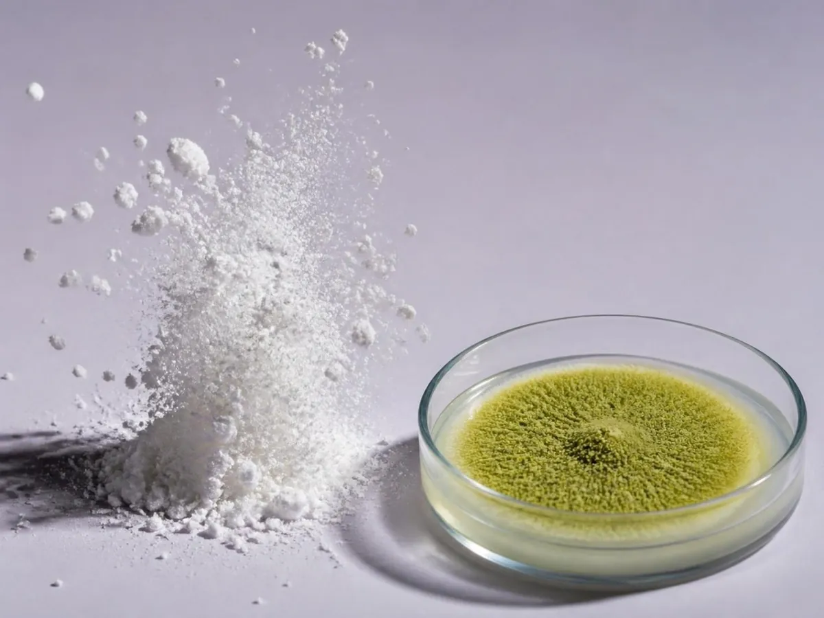 Ácido kójico: el hongo Aspergillus oryzae en placa y el polvo cristalino blanco