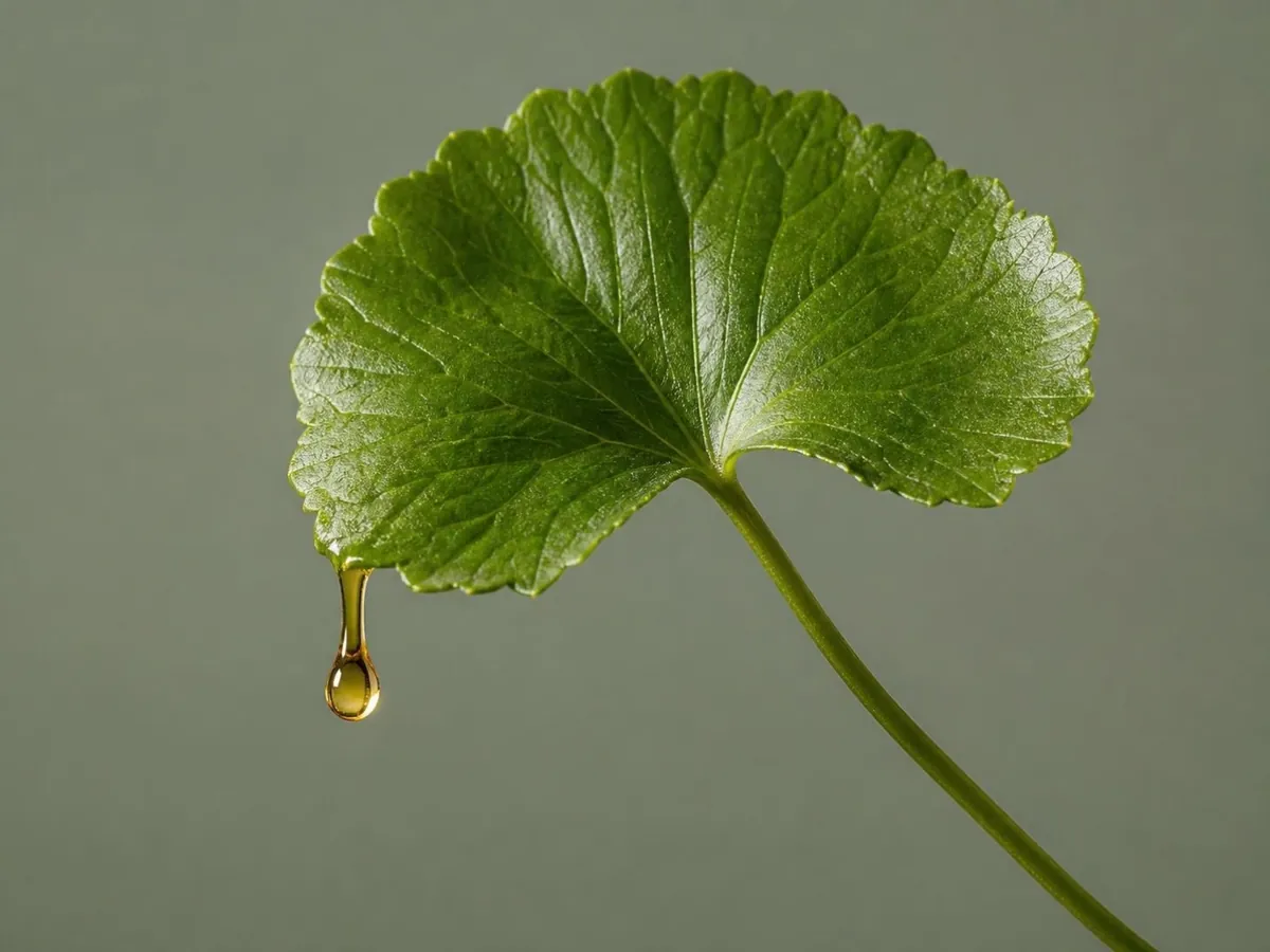 Centella asiática: gota de extracto líquido cayendo de la hoja