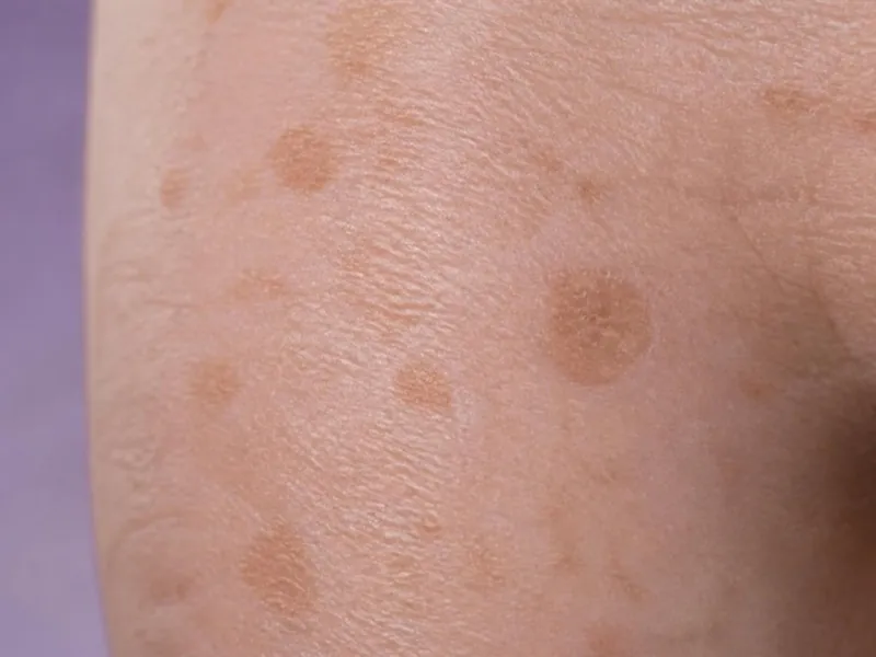 Piel madura con manchas marrones planas.