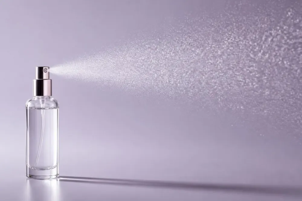 Frasco pulverizador de vidrio sin etiqueta lanzando una nube fina de gotas sobre un fondo lila grisáceo