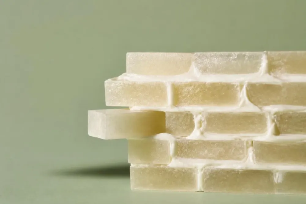 Pequeño muro de ladrillos de cera translúcida con bálsamo blanco entre ellos a modo de mortero, sobre fondo verde salvia