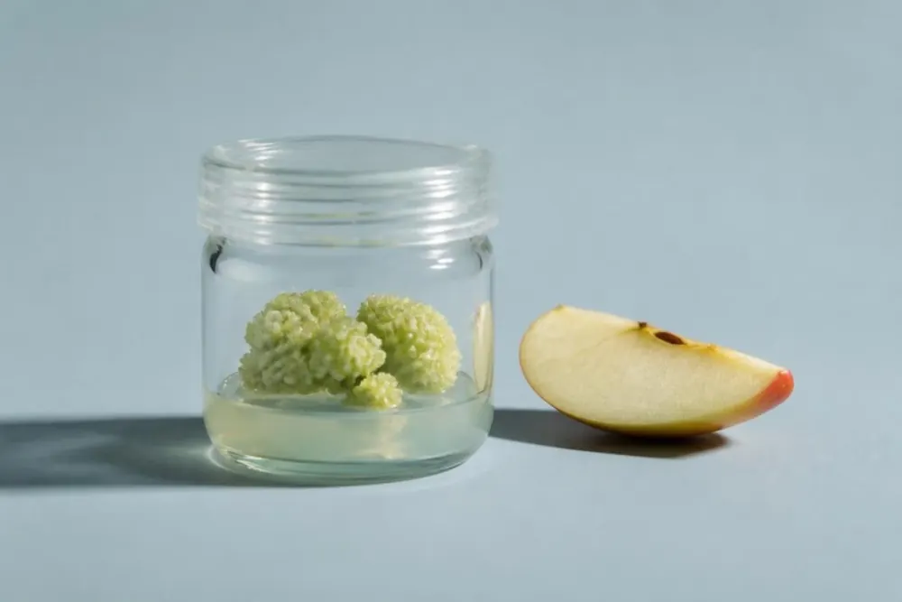 Frasco de cultivo de vidrio con un callo vegetal verde pálido sobre agar y una rodaja de manzana al lado, sobre fondo azul grisáceo pálido