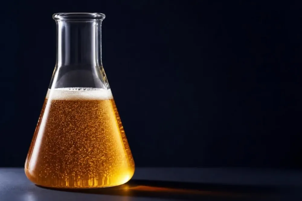 Matraz Erlenmeyer con caldo de fermentación dorado y burbujas subiendo, sobre fondo azul tinta oscuro