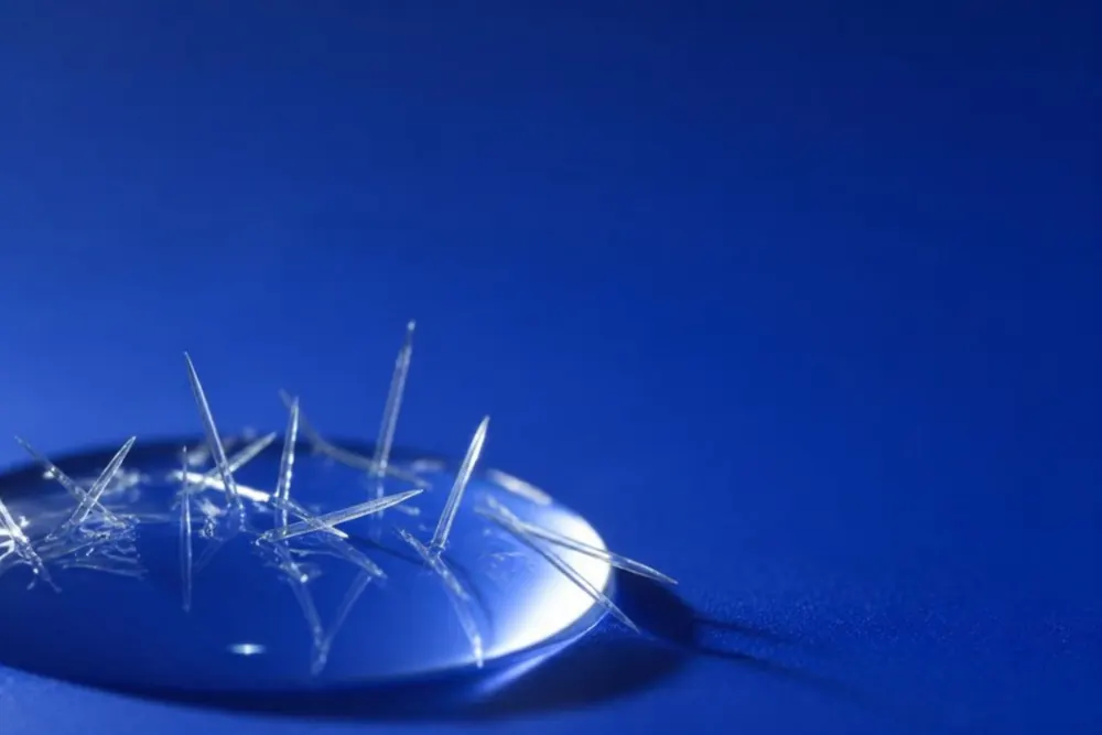 Macrofotografía de espículas translúcidas con forma de aguja sobre una gota de sérum, con fondo azul cobalto