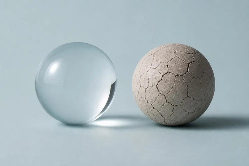 Una esfera de vidrio lisa y brillante junto a una esfera de arcilla seca y agrietada, sobre un fondo azul grisáceo pálido.