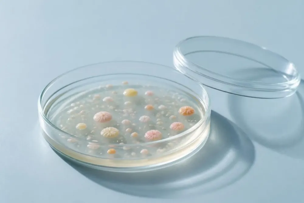 Placa de Petri con pequeñas colonias redondas en tonos crema, amarillo pálido y rosa sobre agar, sobre un fondo azul grisáceo pálido