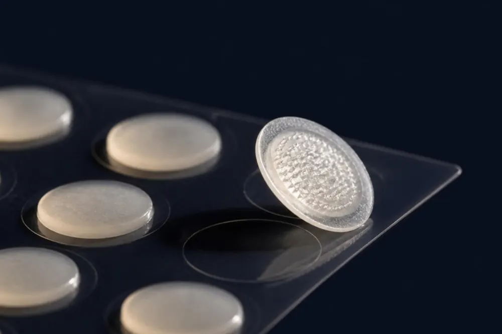 Parches redondos translúcidos de hidrocoloide sobre su lámina, uno de ellos levantado dejando ver diminutas microagujas, sobre fondo azul tinta oscuro