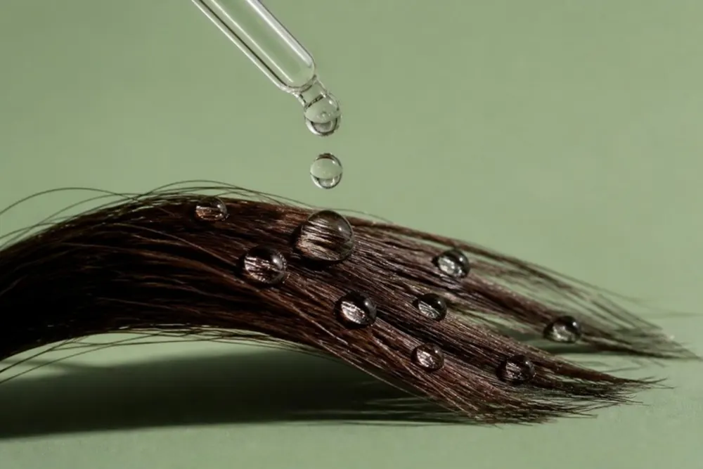 Mechón de pelo castaño oscuro con gotas de sérum y la punta de un cuentagotas de vidrio sobre fondo verde salvia