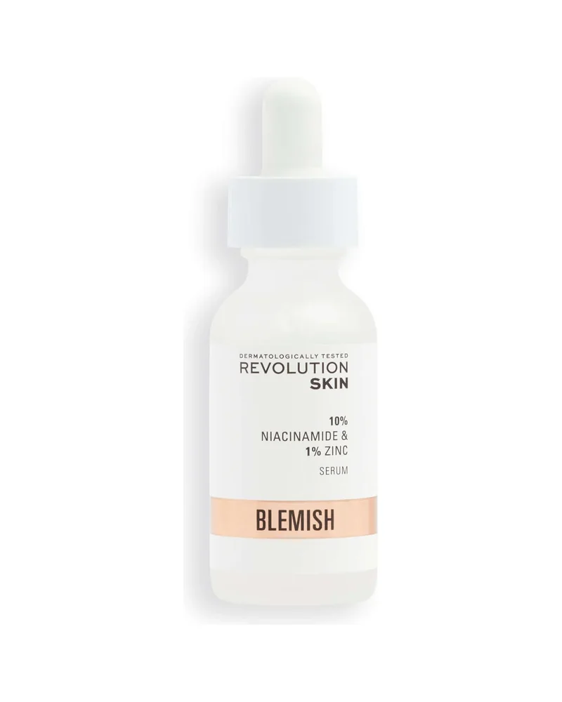 Frasco blanco con cuentagotas de 10% Niacinamide + 1% Zinc sobre fondo blanco