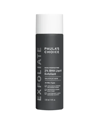 Envase de Skin Perfecting 2% BHA Exfoliante Líquido sobre fondo blanco