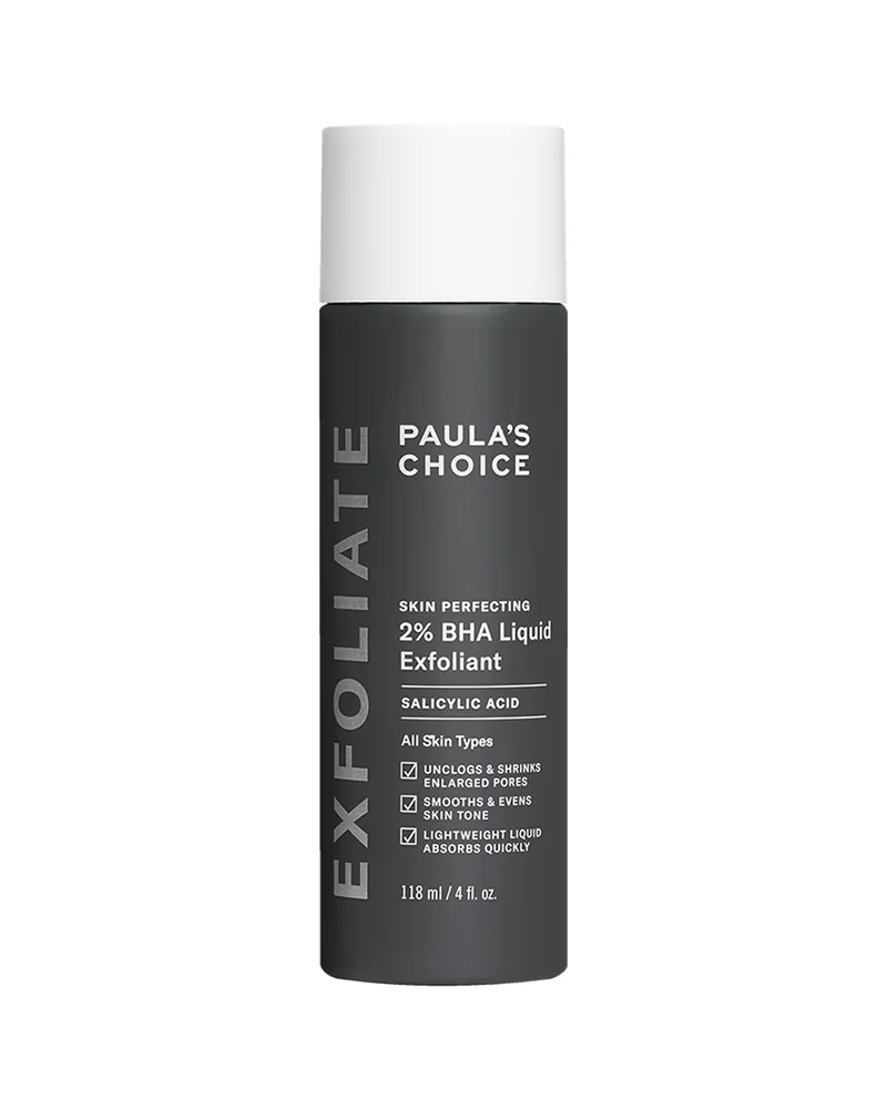 Envase de Skin Perfecting 2% BHA Exfoliante Líquido sobre fondo blanco