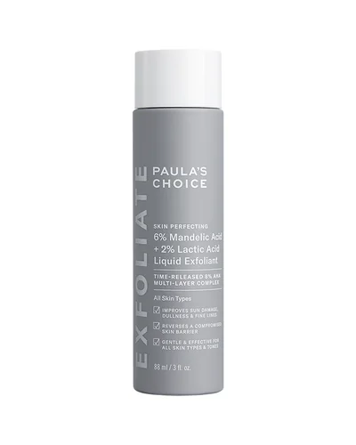 Envase de Skin Perfecting 6% Mandélico + 2% Láctico Exfoliante Líquido sobre fondo blanco