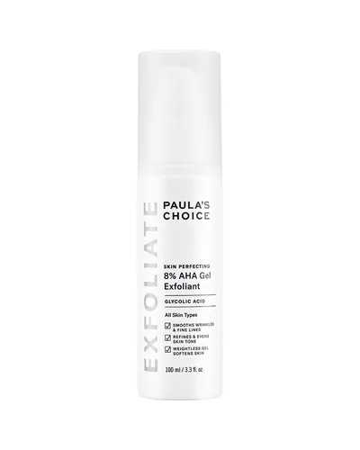 Envase de Skin Perfecting 8% AHA Gel Exfoliante sobre fondo blanco