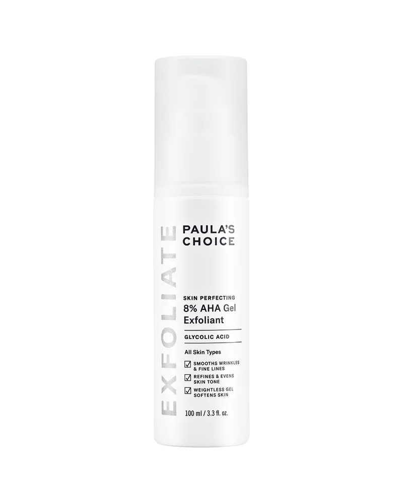 Envase de Skin Perfecting 8% AHA Gel Exfoliante sobre fondo blanco