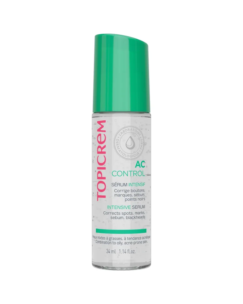 Frasco con dosificador de AC Control Sérum Intensivo sobre fondo blanco