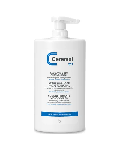 Frasco con dosificador de Ceramol Aceite limpiador facial-corporal 311 sobre fondo blanco