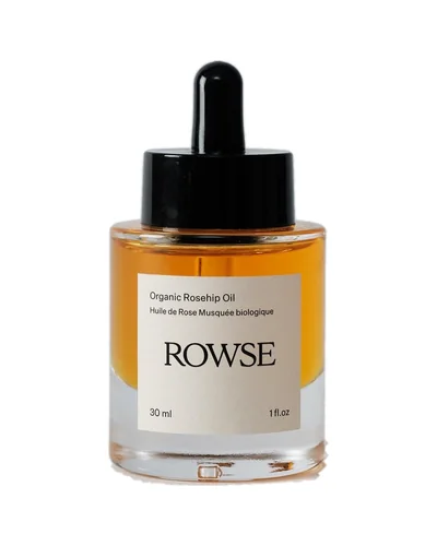 Envase de Aceite de Rosa Mosqueta Orgánico de Rowse sobre fondo blanco
