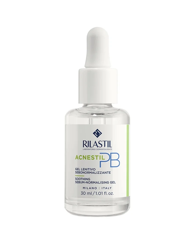 Frasco con cuentagotas de Acnestil PB Gel-Sérum sobre fondo blanco