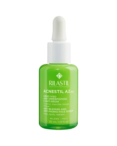 Frasco con cuentagotas de Acnestil Serum AZ sobre fondo blanco