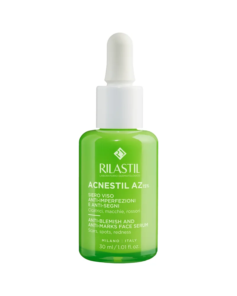 Frasco con cuentagotas de Acnestil Serum AZ sobre fondo blanco