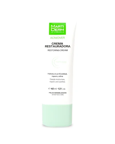 Envase de Acniover Restore Crema Restauradora sobre fondo blanco