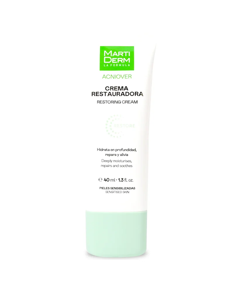 Envase de Acniover Restore Crema Restauradora sobre fondo blanco