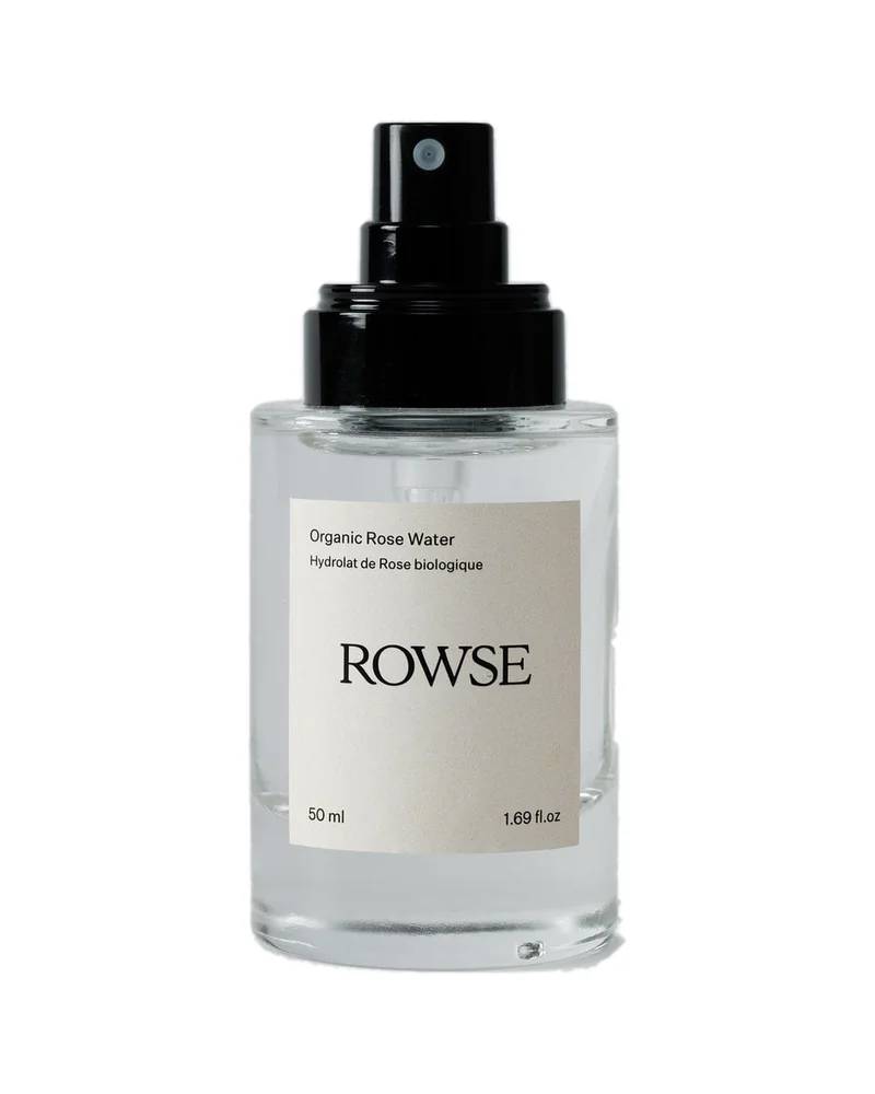 Envase de Agua de Rosa Orgánica de Rowse sobre fondo blanco