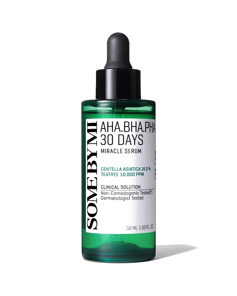 Frasco con cuentagotas de AHA·BHA·PHA 30 Days Miracle Serum sobre fondo blanco