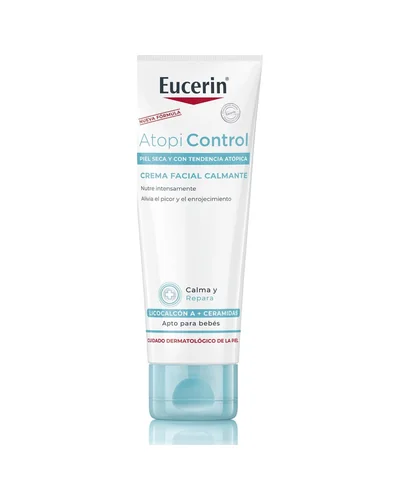 Envase de AtopiControl Crema Facial Calmante sobre fondo blanco