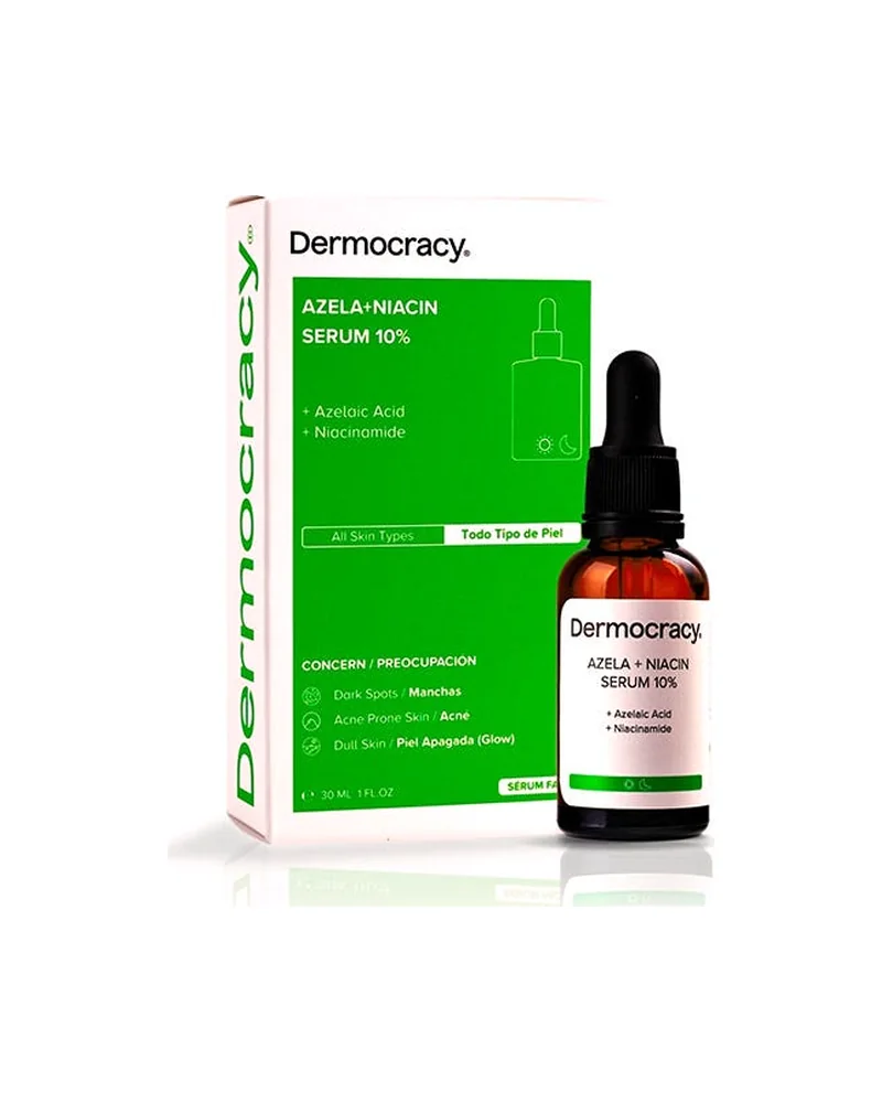 Frasco con cuentagotas de Azela+Niacin Serum 10% junto a su caja sobre fondo blanco