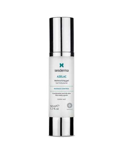 Envase de Azelac Gel hidratante sobre fondo blanco