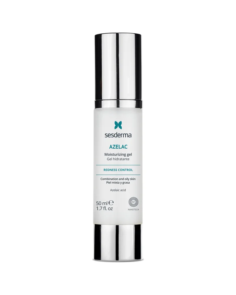 Envase de Azelac Gel hidratante sobre fondo blanco