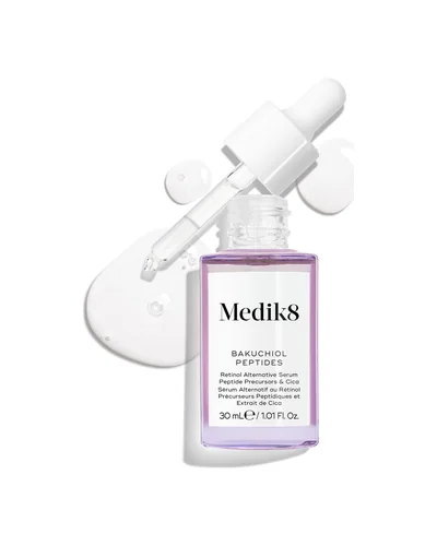 Envase de Bakuchiol Peptides sobre fondo blanco, con una muestra de la textura al lado