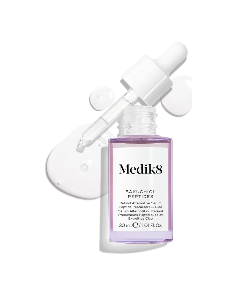 Envase de Bakuchiol Peptides sobre fondo blanco, con una muestra de la textura al lado