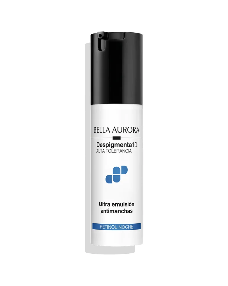 Envase de Despigmenta10 Ultra Emulsión Antimanchas Retinol Noche sobre fondo blanco