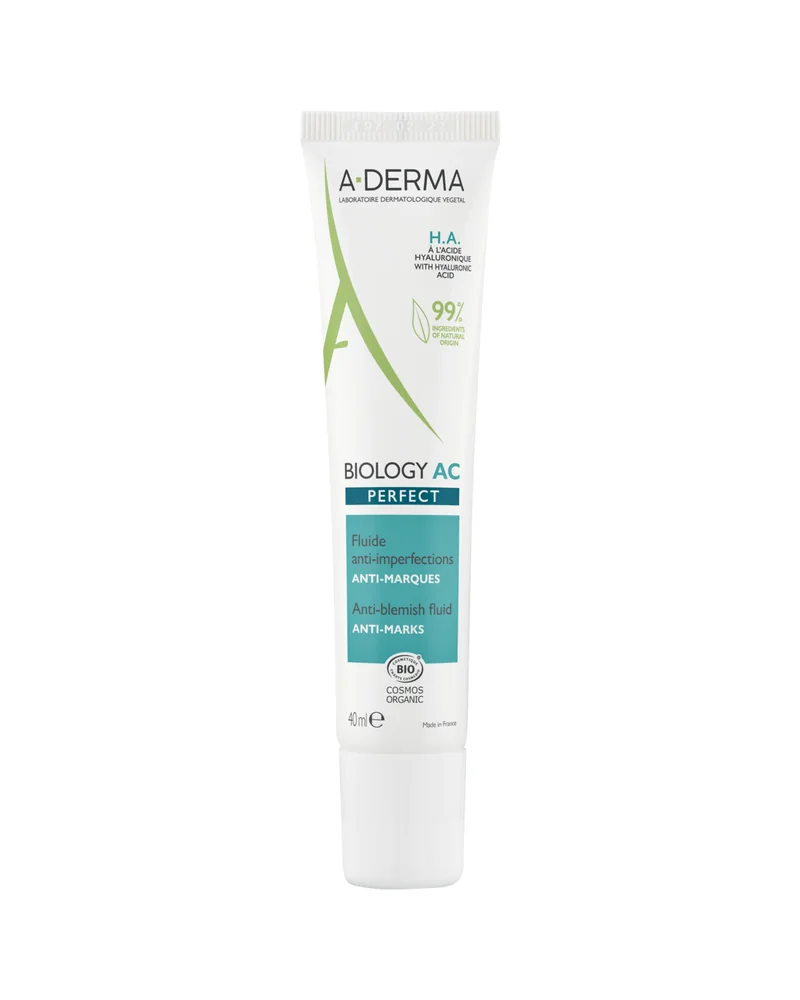Envase de Biology AC Perfect Fluido Antiimperfecciones Antimarcas sobre fondo blanco