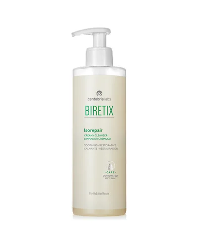 Envase de Biretix Isorepair Limpiador Cremoso sobre fondo blanco
