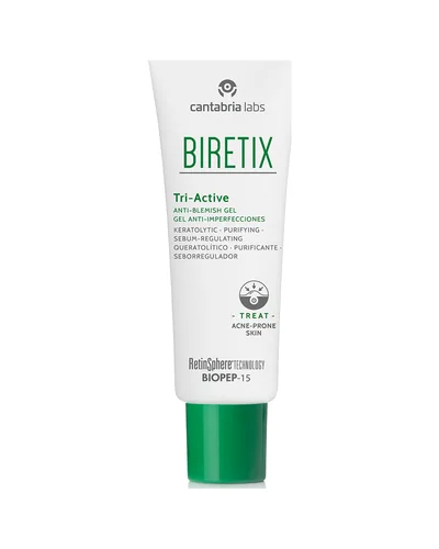 Envase de Biretix Tri-Active Gel sobre fondo blanco