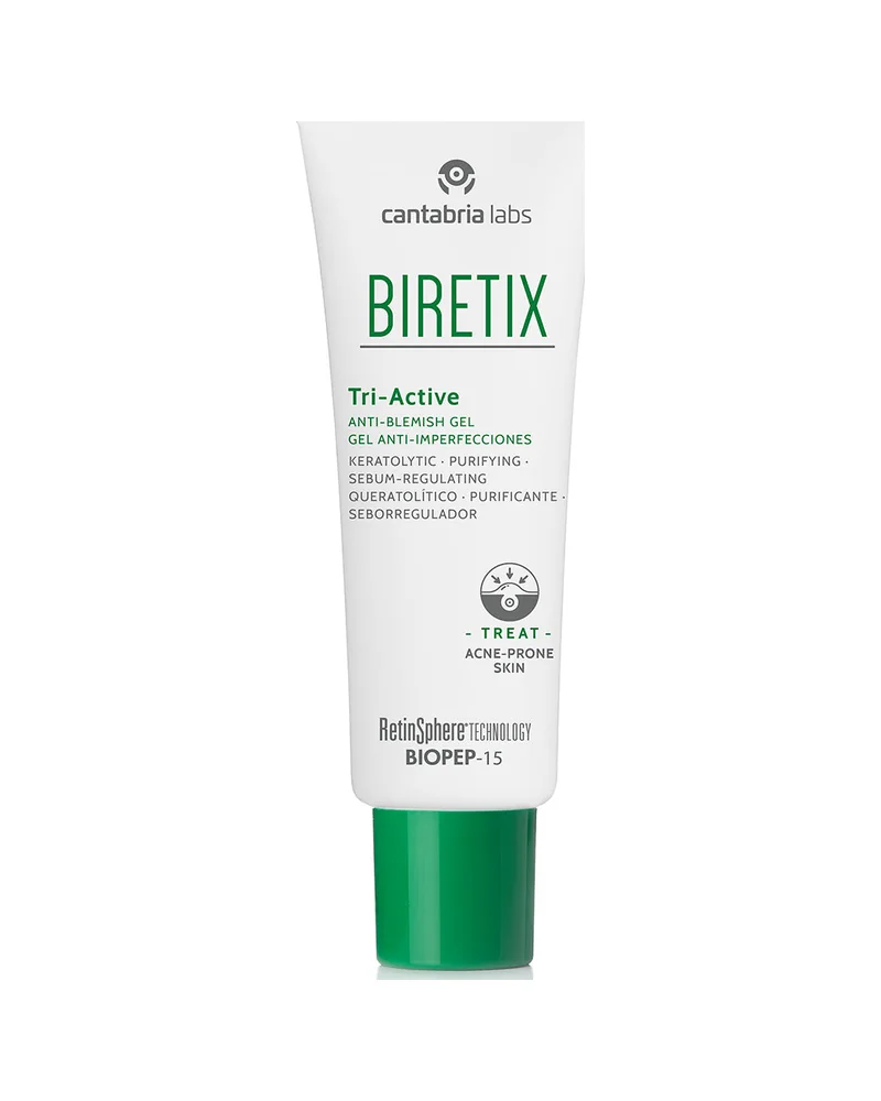 Envase de Biretix Tri-Active Gel sobre fondo blanco