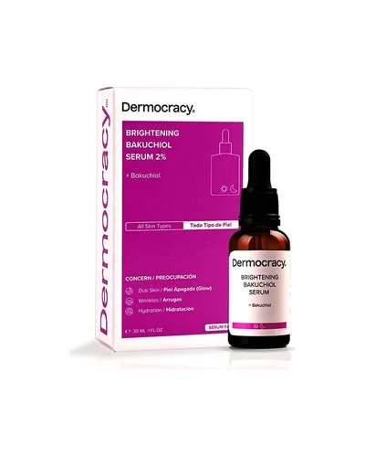 Frasco con cuentagotas de Brightening Bakuchiol Serum 2% junto a su caja sobre fondo blanco