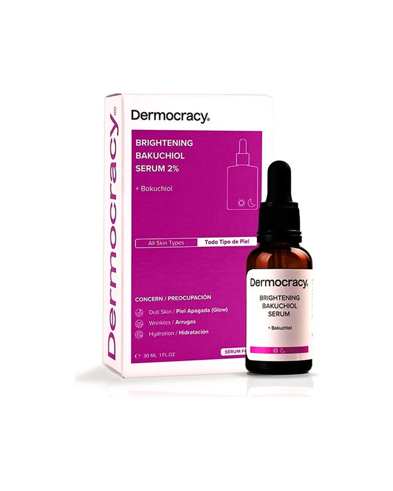 Frasco con cuentagotas de Brightening Bakuchiol Serum 2% junto a su caja sobre fondo blanco