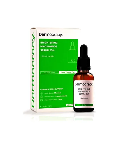 Frasco con cuentagotas de Brightening Niacinamide Serum 15% junto a su caja sobre fondo blanco