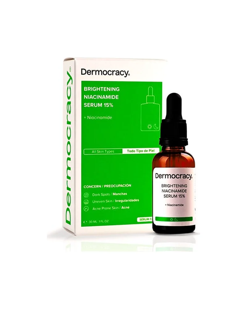 Frasco con cuentagotas de Brightening Niacinamide Serum 15% junto a su caja sobre fondo blanco