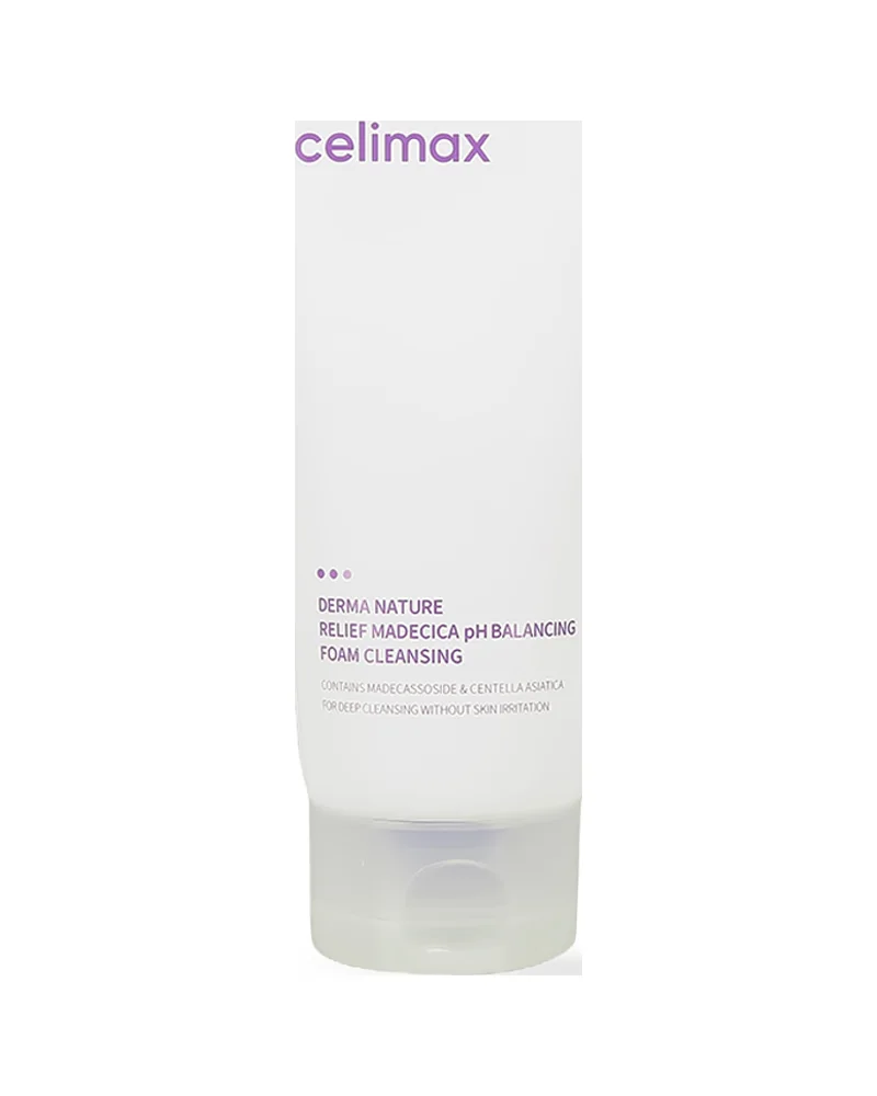 Envase de Derma Nature Relief Madecica pH Balancing Foam Cleansing sobre fondo blanco