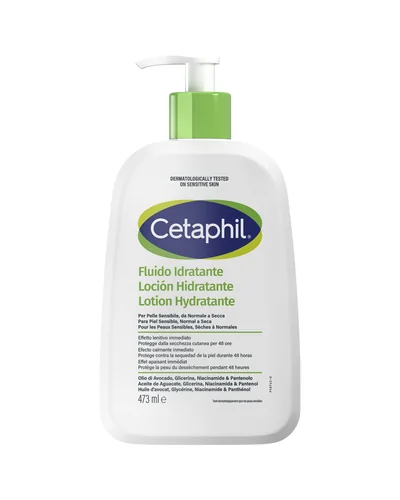 Envase con dosificador de Cetaphil Loción Hidratante sobre fondo blanco
