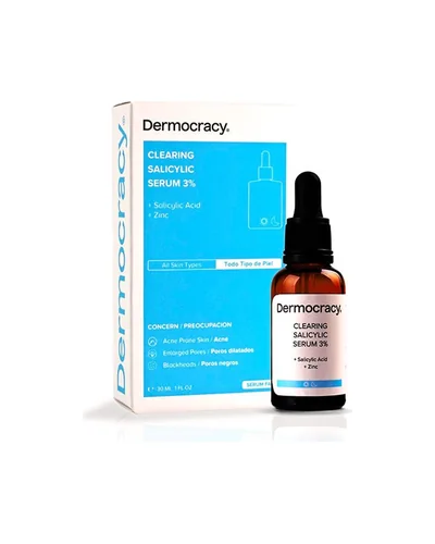 Frasco con cuentagotas de Clearing Salicylic Serum 3% junto a su caja sobre fondo blanco