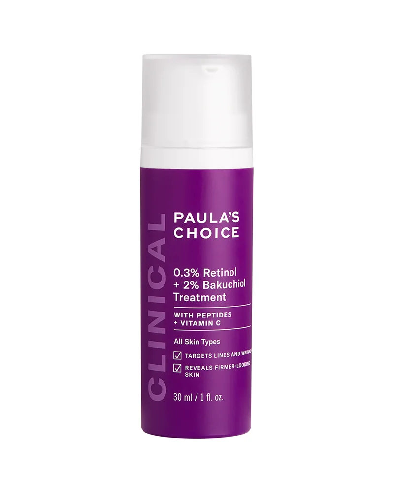 Envase de Clinical Treatment 0,3 % Retinol + 2 % Bakuchiol sobre fondo blanco