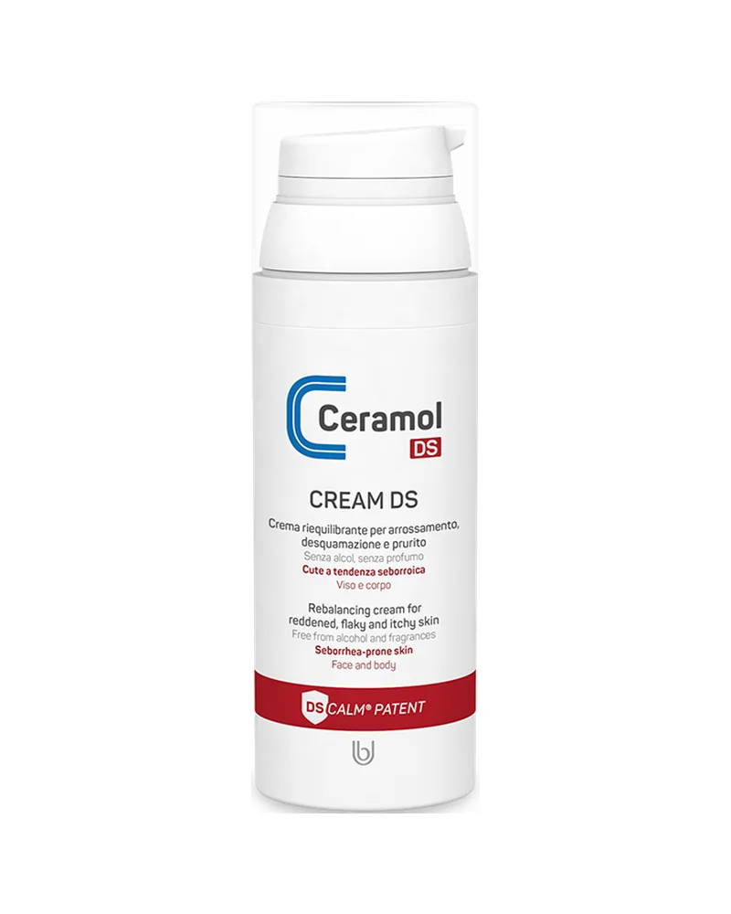 Frasco airless de Ceramol Cream DS sobre fondo blanco