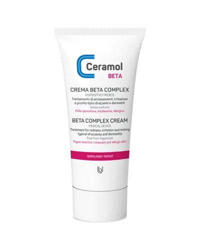 Tubo de Ceramol Crema Beta Complex sobre fondo blanco