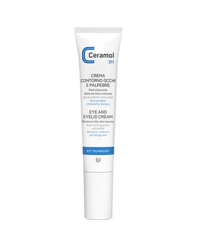 Tubo de Ceramol Crema contorno de ojos y párpados sobre fondo blanco